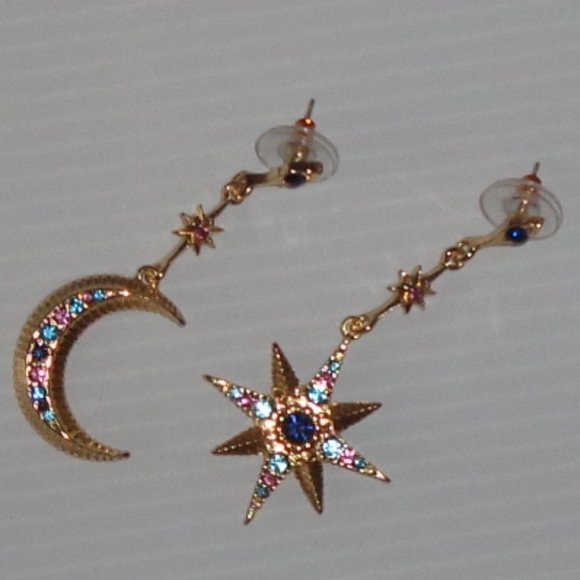 Crescent MOON & STAR Dangle EARRINGS Goldtone & Rhinestones Post Back - Picture 5 of 5